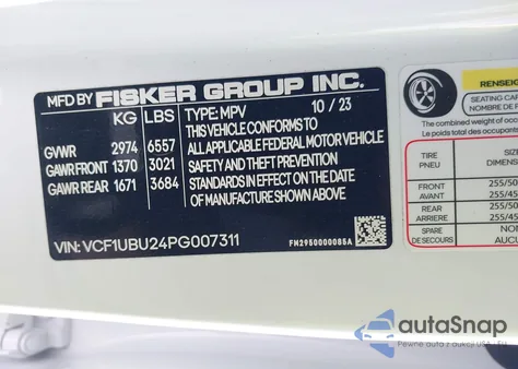 2023 Fisker Ocean Ultra z USA, uszkodzony, nr VIN VCF1UBU24PG007311